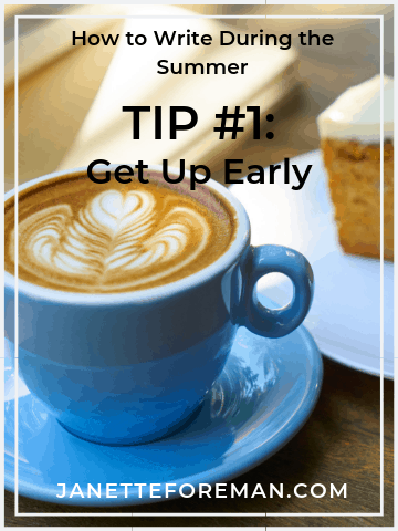 One way to write during the summer with kids home is by getting up early. Blue mug of coffee on a saucer next to a slice of frosting-covered carrot cake