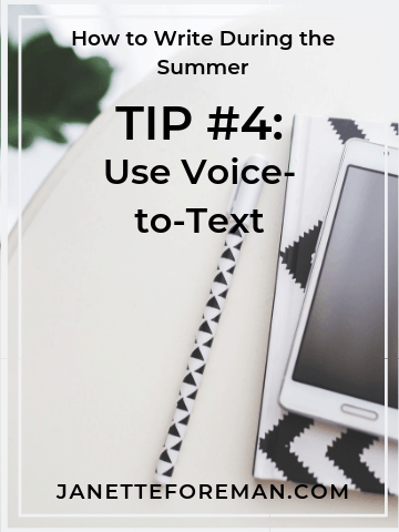 One way to write during the summer with kids home is by using voice-to-text speech on your smartphone. A cell phone on top of a black and white journal beside a black and white pen, all on a white tabletop