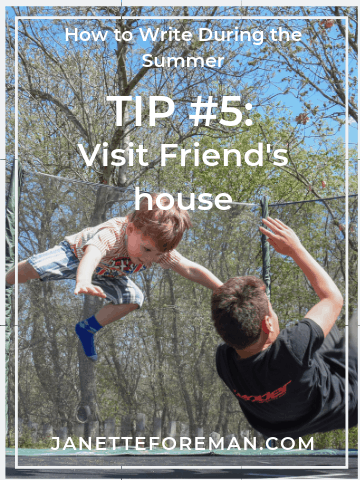 One way to write during the summer with kids home is by having the kids visit a friend's house. Two boys jumping on a trampoline with a grove of trees in the background.