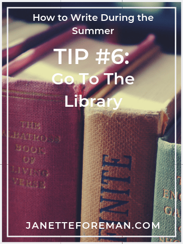 One way to write during the summer with kids home is by going to the library. a closeup of old, weathered canvas-back books, a red book, a burnt-orange book, and a light blue book