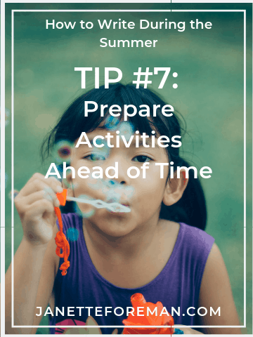 One way to write during the summer with kids home is by preparing activities for the kids ahead of time so you have time to write. Girl with black hair in pigtails and bangs blowing bubbles from an orange wand.