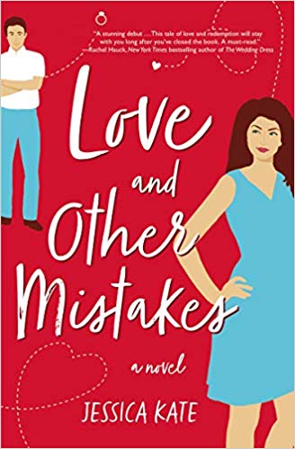Cover for Love and Other Mistakes by Jessica Kate, a woman dressed in a blue dress looking back at a man crossing his arms, all over a solid red background
