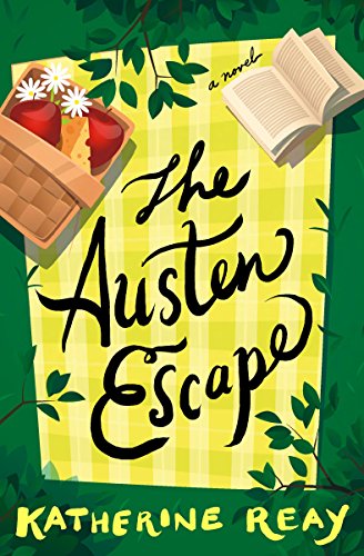 Cover for The Austen Escape by Katherine Reay. A green plaid blanket lying on the grass, seen from a bird's eye view, with a picnic basket and an open book.