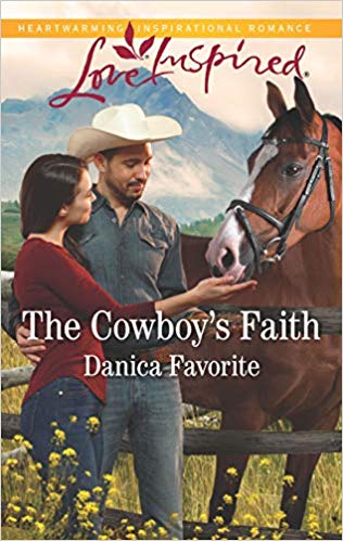 A romantic couple, A cowboy in a white hat and a woman in a red shirt looking at a horse - Love Inspired July 2019 - The Cowboy's Faith by Danica Favorite