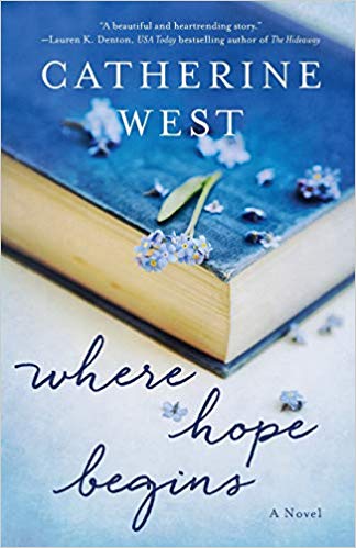Book cover for Where Hope Begins by Catherine West - a blue book with blue flower petals