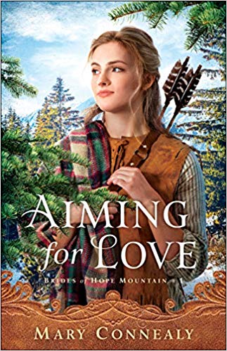Aiming for Love by Mary Connealy is a blod woman with a quiver of arrows hiding in the trees. Bethany House PUblishers New Releases Fall 2019