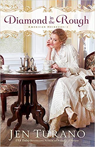 Diamond in the Rough by Jen Turano has a woman in a white Edwardian gown sitting at a mahogany table in front of a tea set. New Release from Bethany House in September 2019