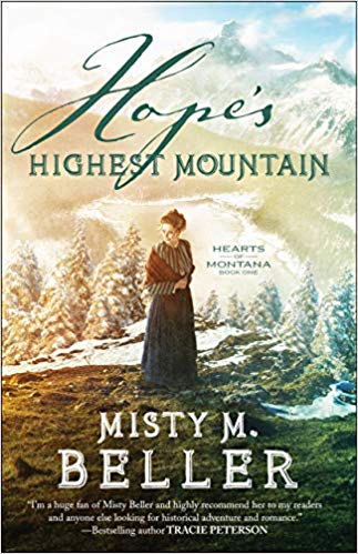 Hope's Highest Mountain by Misty M Beller is a woman in a navy blue skirt and a red shawl standing on a snow covered mountain with evergreens in the background. Bethany House New Releases Fall 2019